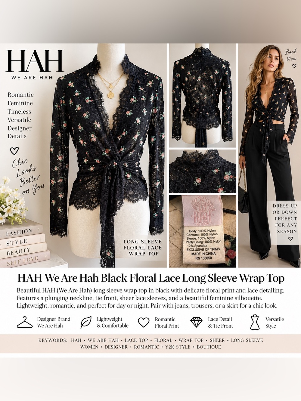 Black Floral Lace Long Sleeve Wrap Top bodysuit